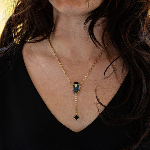 Scarab Lariat Necklace - Gold/Blue Labradorite/Black Agate