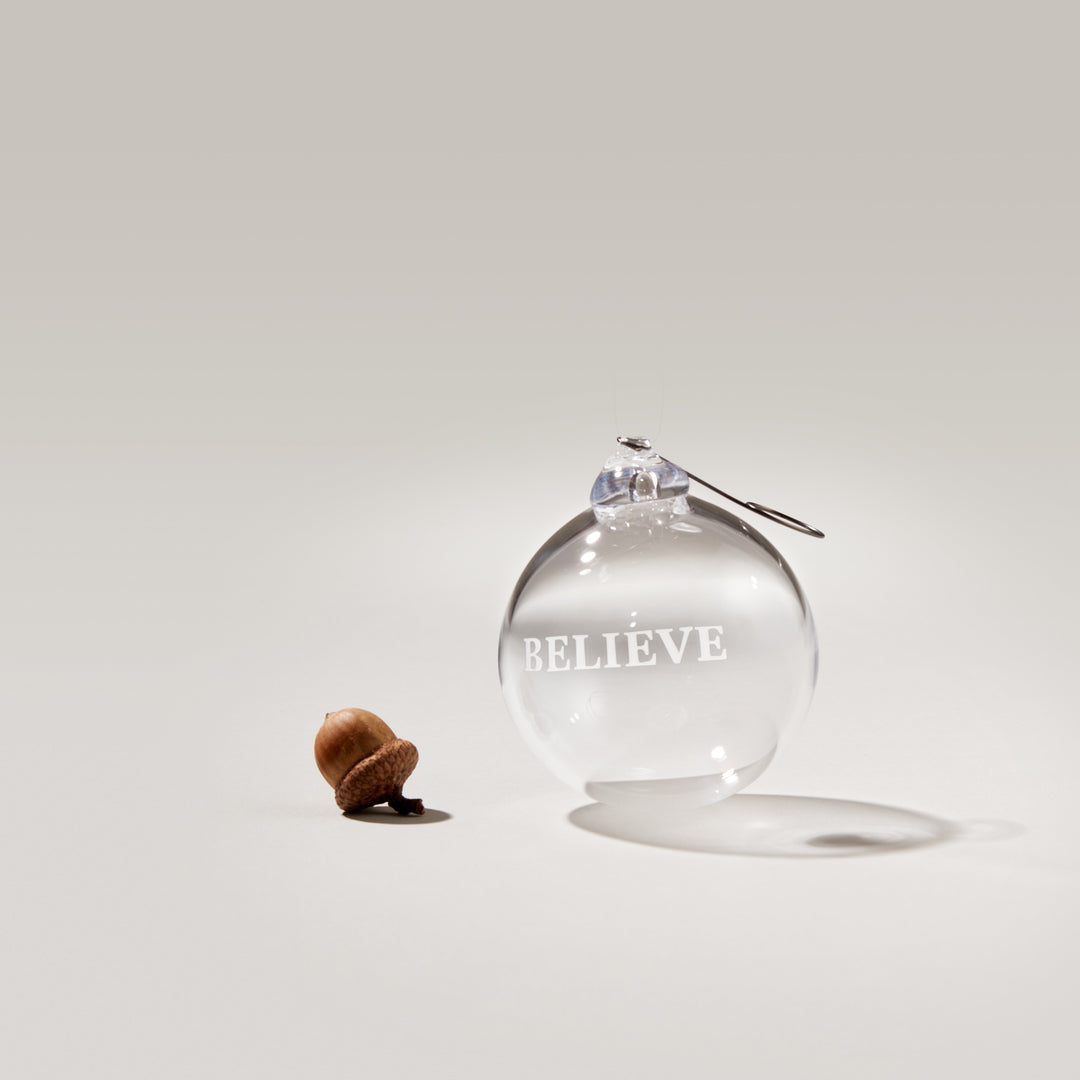 Engraved "Believe" Round Ornament in Gift Box