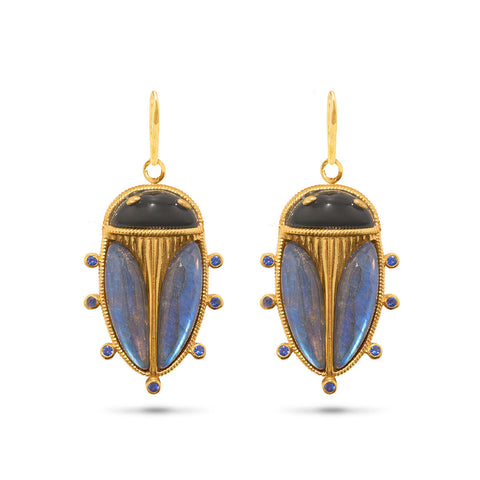 Scarab Petite Drop Earrings - Gold/Blue Labradorite/Black Agate