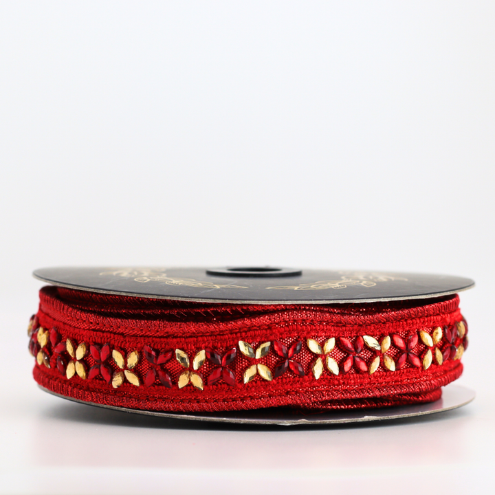 Red Jeweled Trim Metallic Dupion Red 1x1.5YD