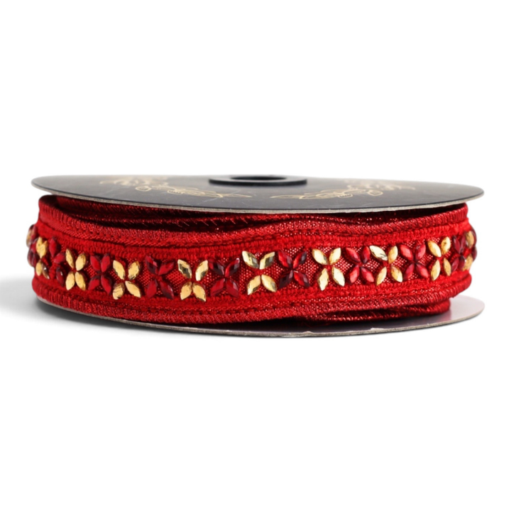 Red Jeweled Trim Metallic Dupion Red 1x1.5YD