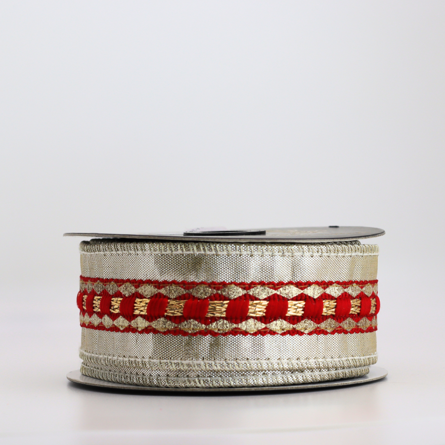 Red Trim Metallic Dupion Platinum 1.5x5Yd