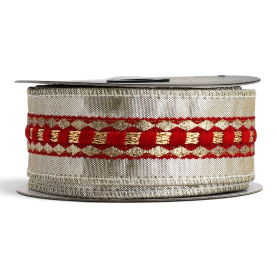 Red Trim Metallic Dupion Platinum 1.5x5Yd