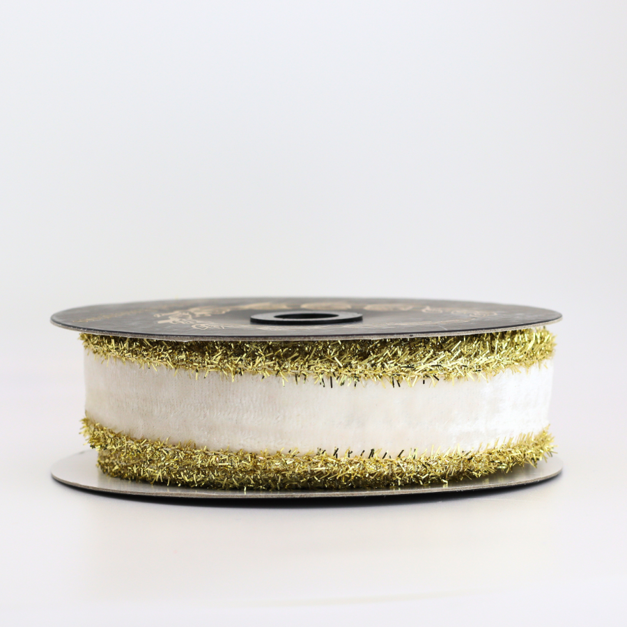 Velvet Metallic Dupion DBL Fused Tinsel Edge White, 1x10