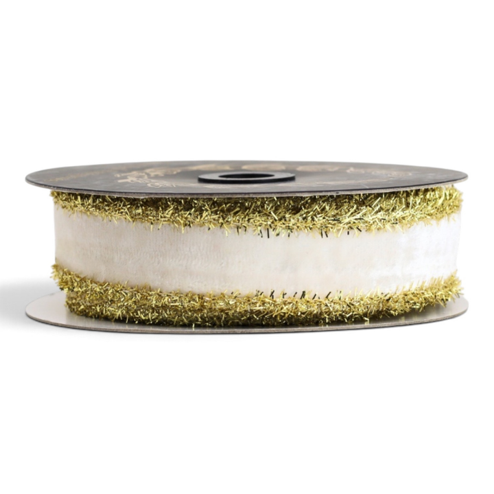 Velvet Metallic Dupion DBL Fused Tinsel Edge White, 1x10
