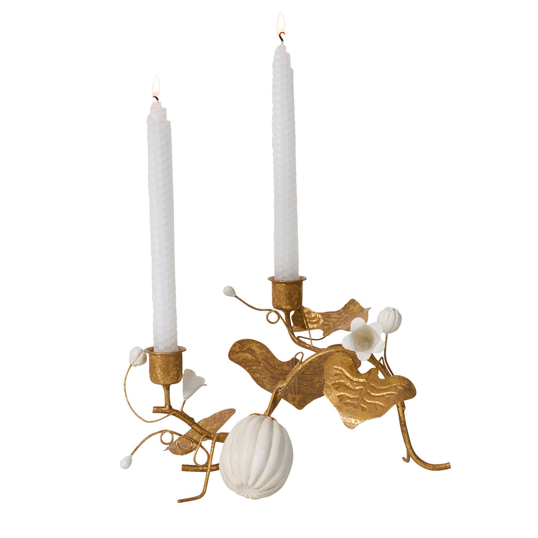 Forest Walk Pumpkin & Vine Double Candlestick Holder - Gold