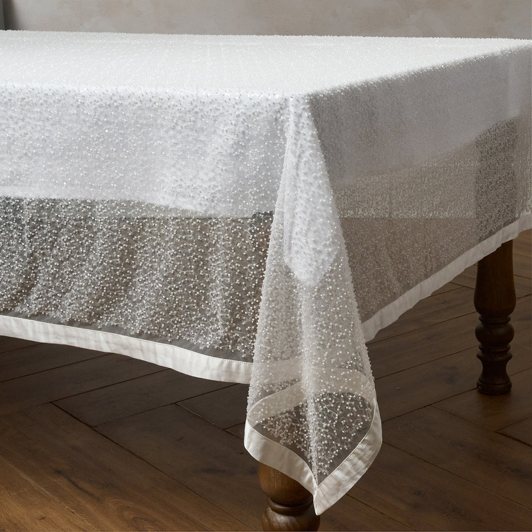 Beaded 60" x 130" Tablecloth – White