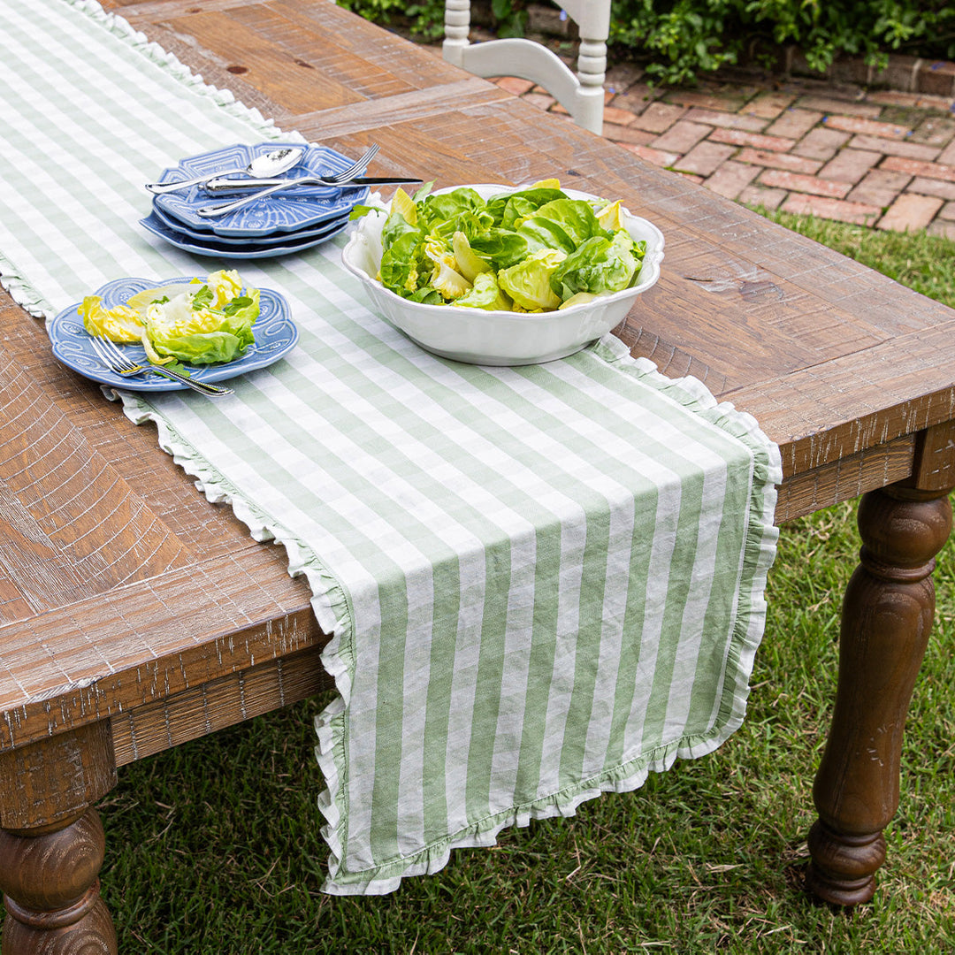 Gingham Ruffle 18" x 90" Table Runner - Seagrass