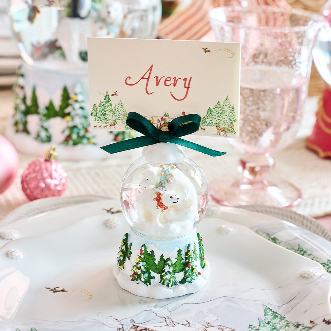 Berry &amp; Thread North Pole Polar Bear Snow Globe Place Card Holder