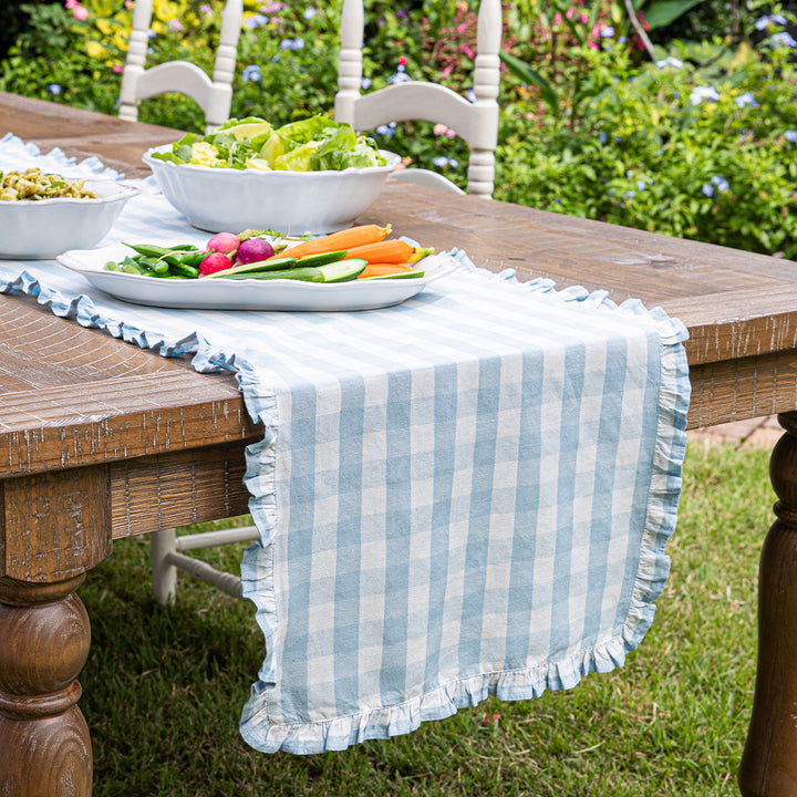 Gingham Ruffle 18" x 90" Table Runner - Ocean