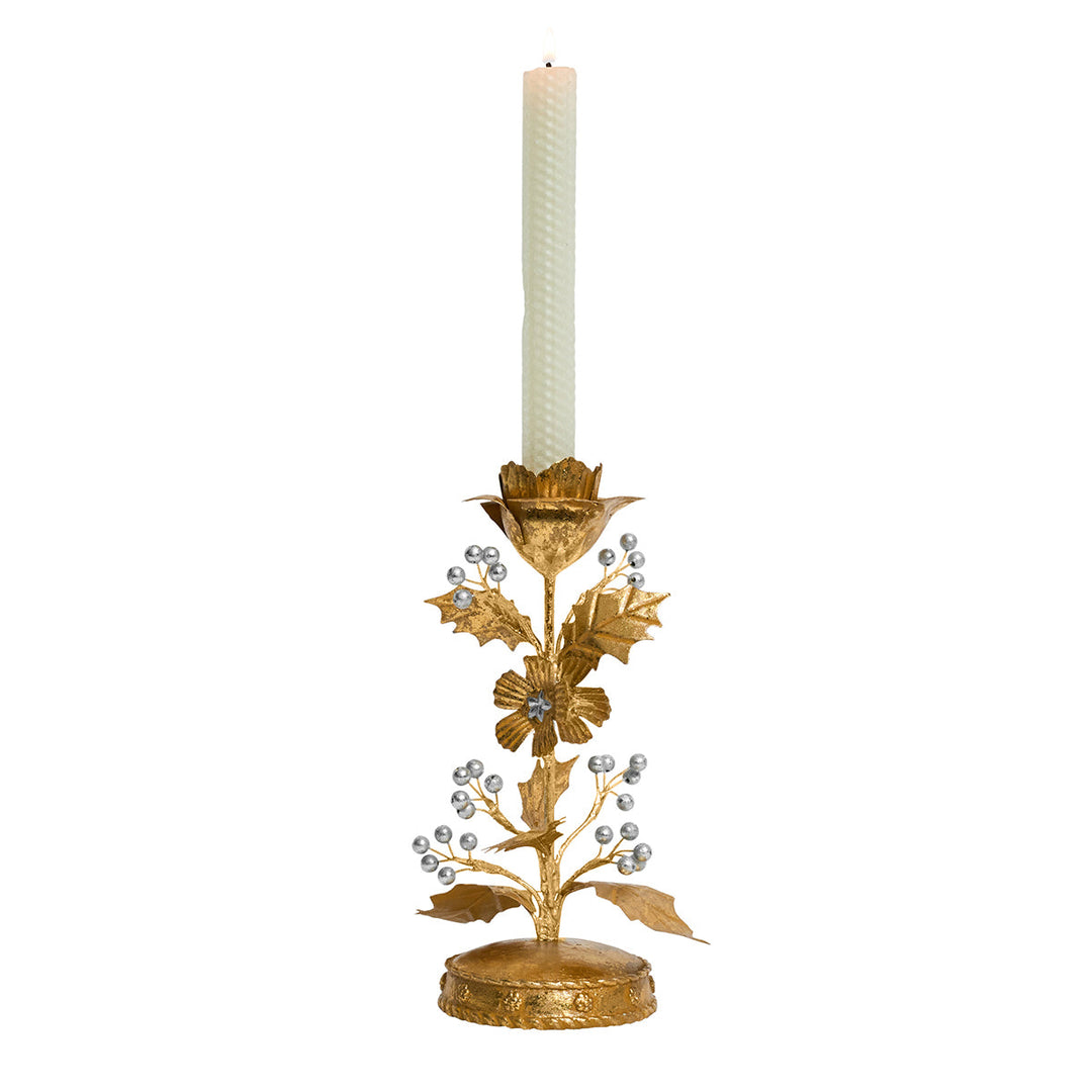 Forest Walk Holly 9" Candlestick - Gold/Silver