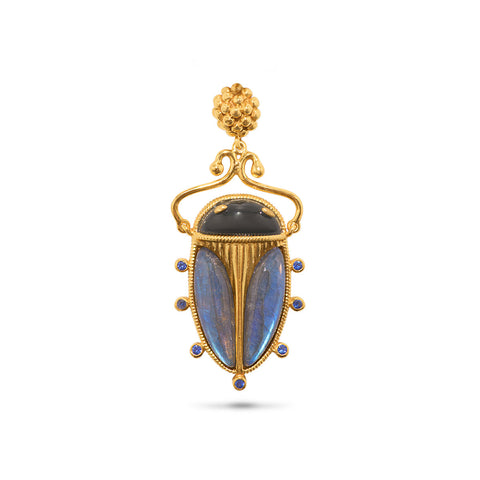 Scarab Pendant - Gold/Blue Labradorite/Black Agate