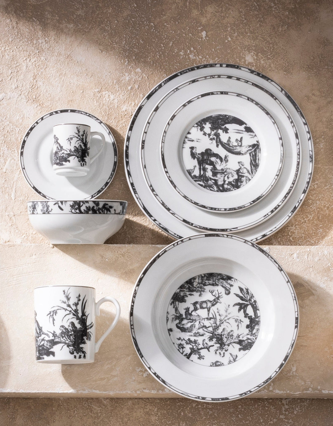 Toile de Jouy, Soup Plate: The Four Parts of the World, Dark Gray, Set of 4