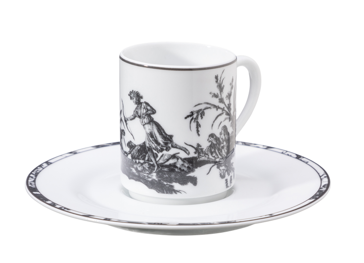 Toile de Jouy, Espresso Cup and Saucer: The Four Parts of the World, Dark Gray, Set of 4