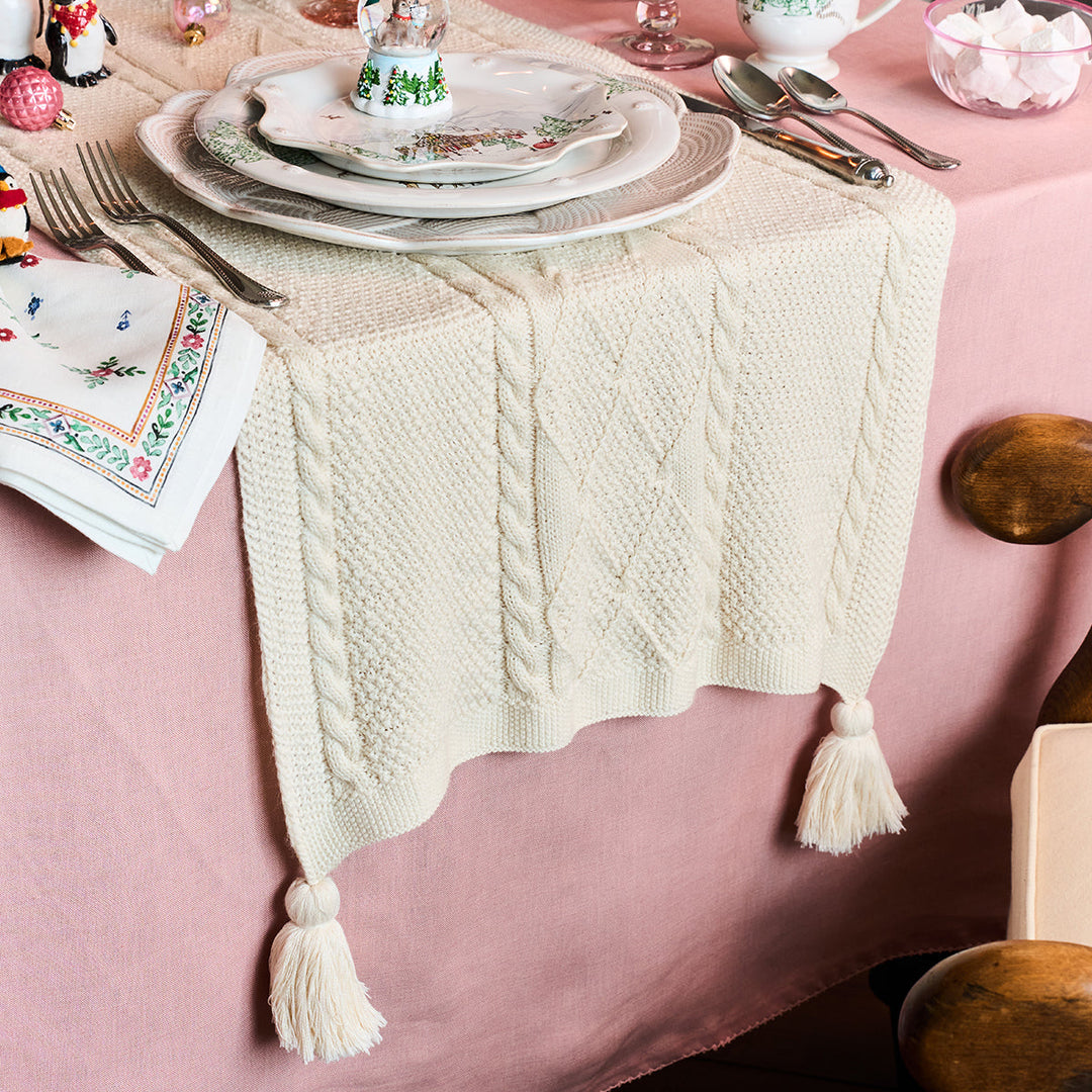 Berry &amp; Thread Cable Knit 18" x 108" Table Runner - Ivory