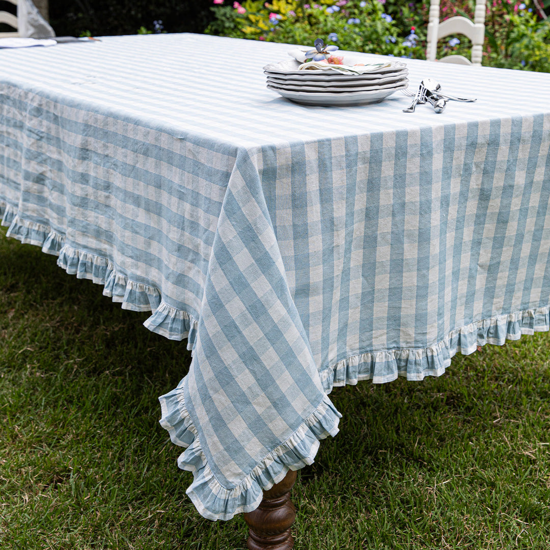 Gingham Ruffle 60" x 120" Tablecloth - Ocean
