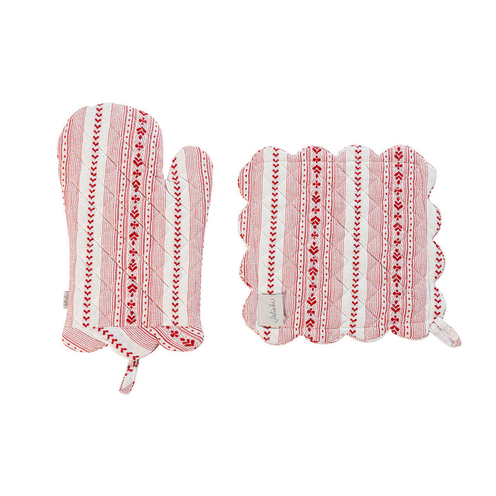 Villa Stripe Oven Mitt and Pot Holder Set/2pc - Ruby