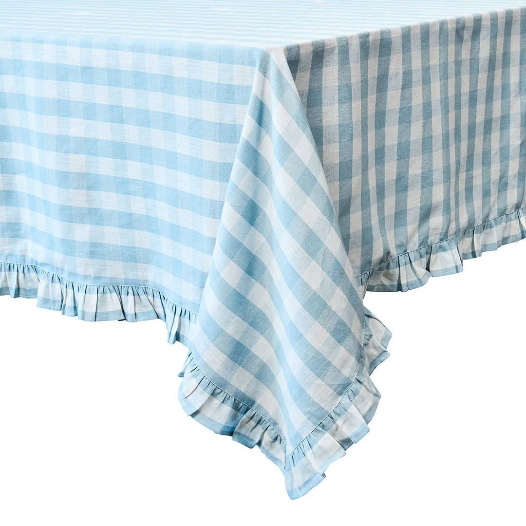 Gingham Ruffle 60" x 120" Tablecloth - Ocean