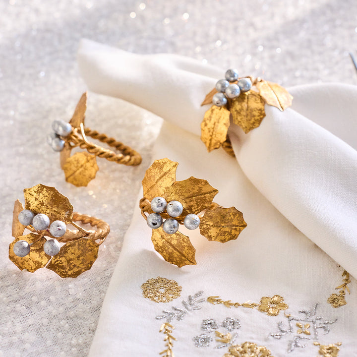Forest Walk Holly with Berries Napkin Ring Set/4 - Gold/Silver