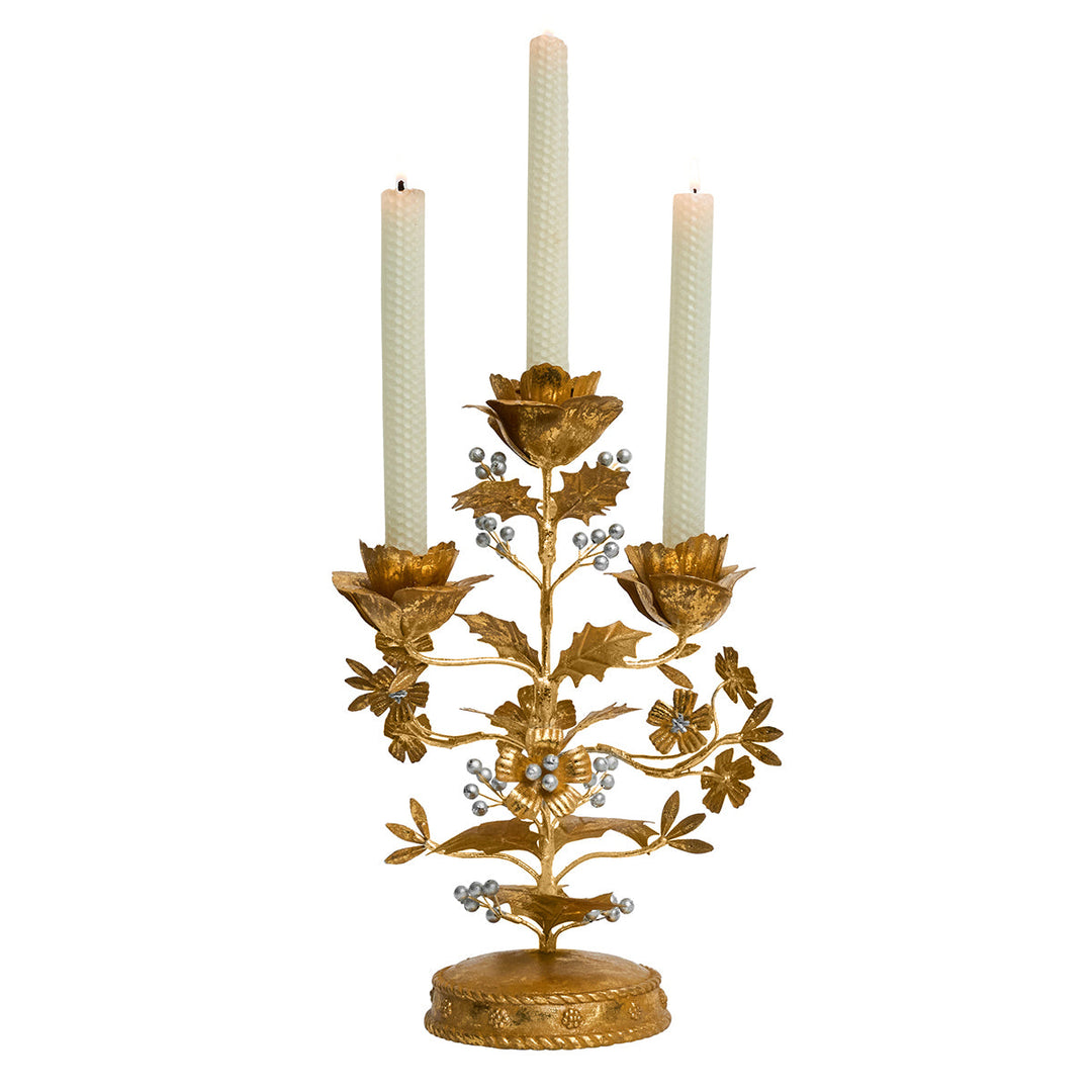 Forest Walk Holly 13" Centerpiece Candelabra - Gold/Silver