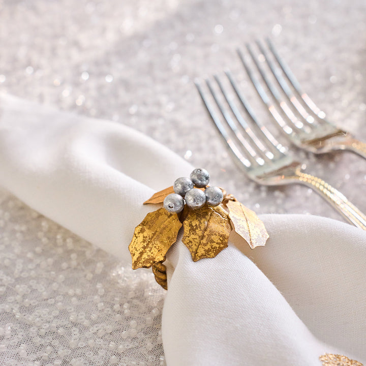 Forest Walk Holly with Berries Napkin Ring Set/4 - Gold/Silver