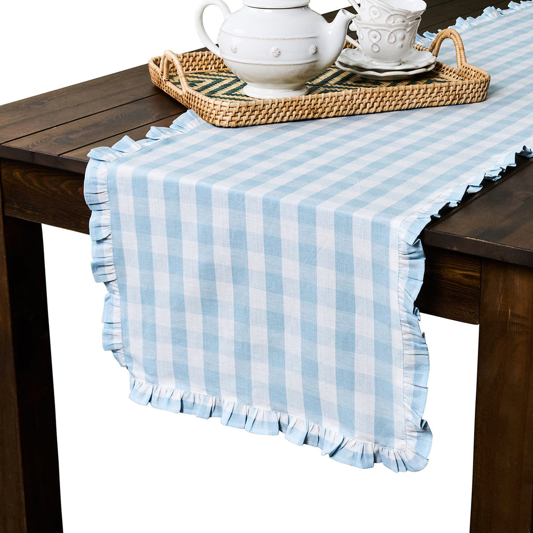 Gingham Ruffle 18" x 90" Table Runner - Ocean