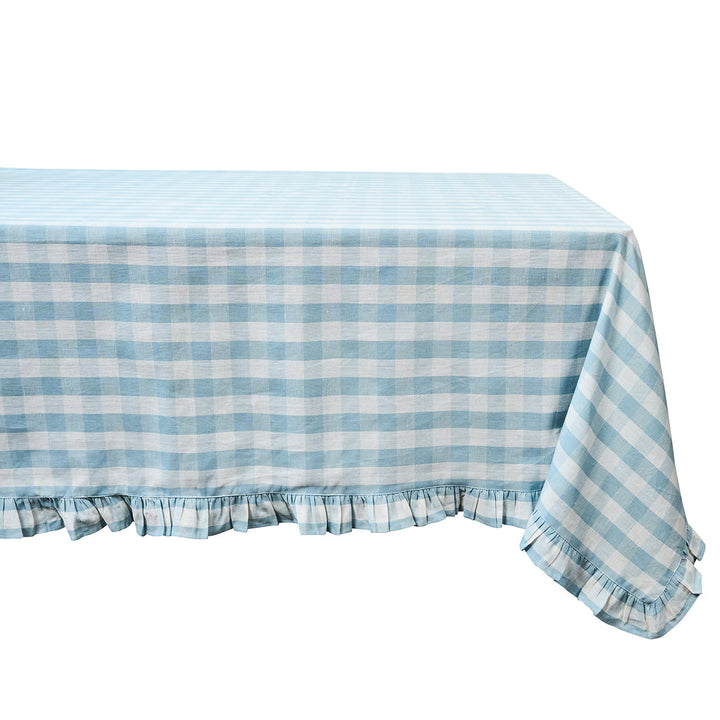 Gingham Ruffle 60" x 120" Tablecloth - Ocean