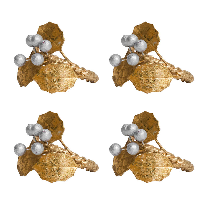 Forest Walk Holly with Berries Napkin Ring Set/4 - Gold/Silver