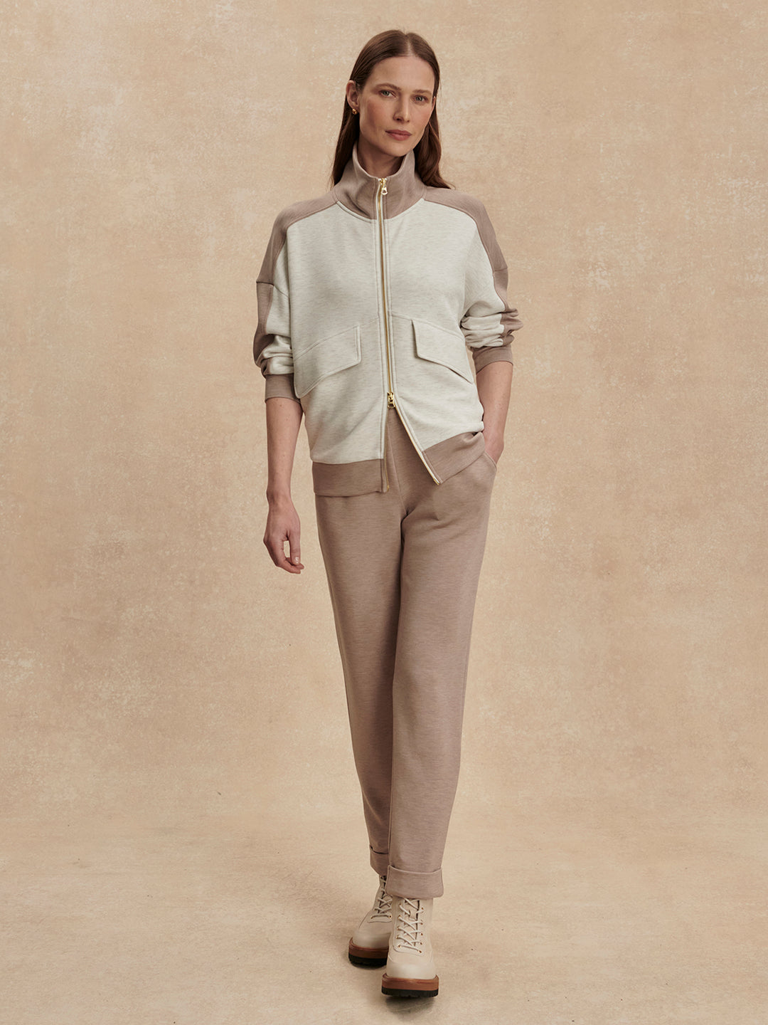 Garcia 2 Tone Zip Through Sweat (Ivory Marl / Taupe Marl)