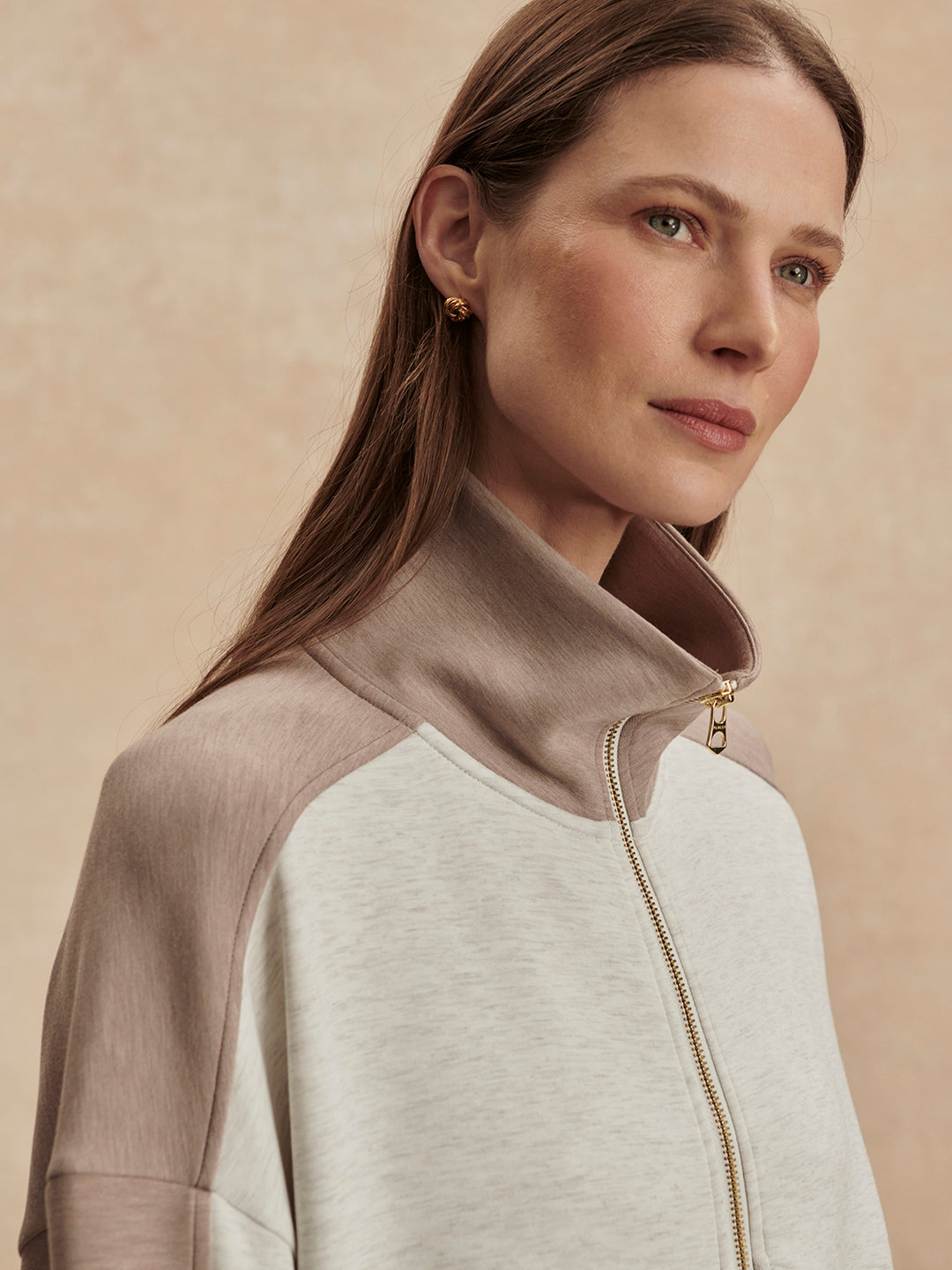 Garcia 2 Tone Zip Through Sweat (Ivory Marl / Taupe Marl)