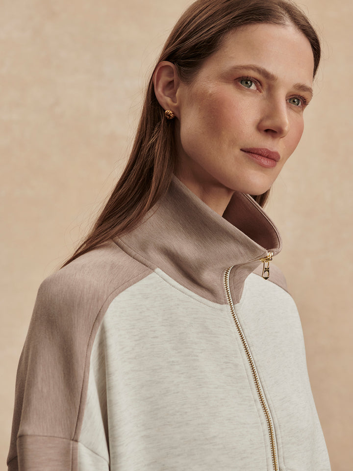 Garcia 2 Tone Zip Through Sweat (Ivory Marl / Taupe Marl)