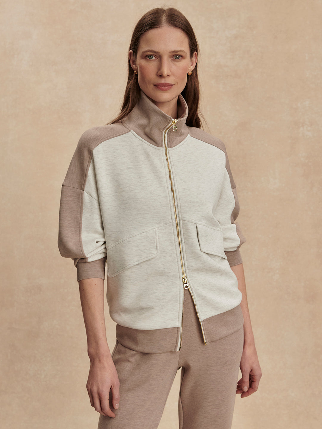 Garcia 2 Tone Zip Through Sweat (Ivory Marl / Taupe Marl)
