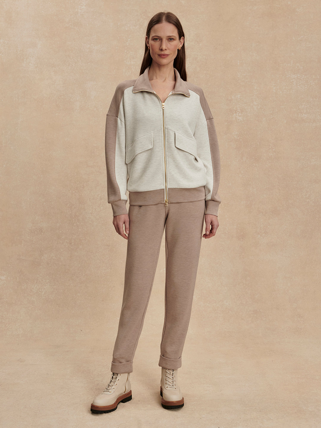 Garcia 2 Tone Zip Through Sweat (Ivory Marl / Taupe Marl)