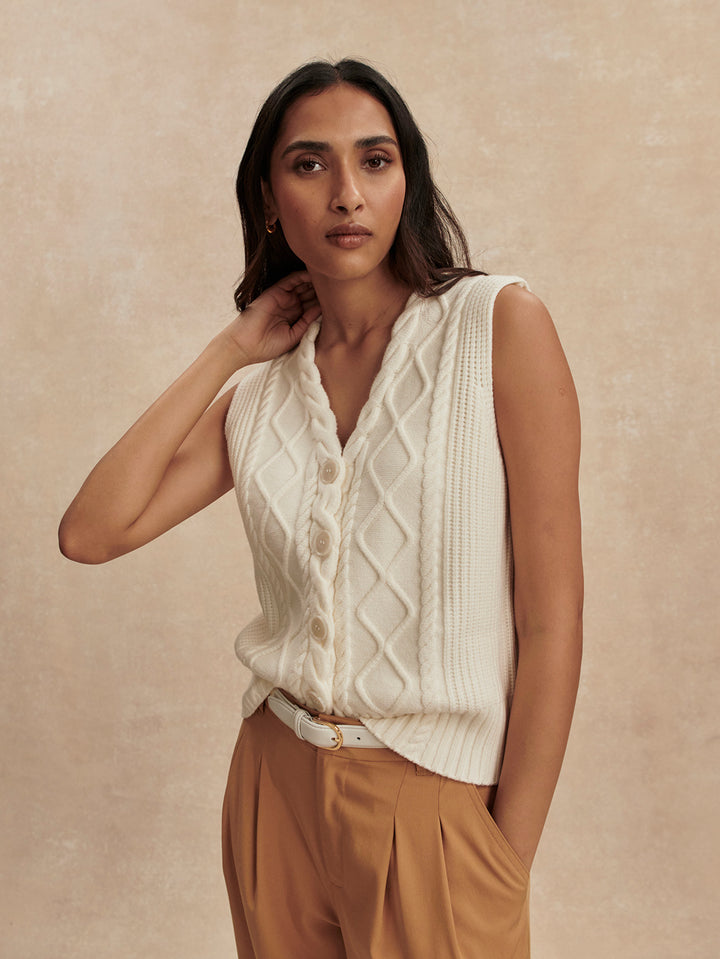 Tatyana Cable Knit Vest (Egret)
