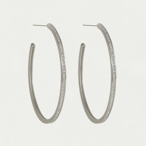 Petit Pavé Large Thin Hoops - Silver