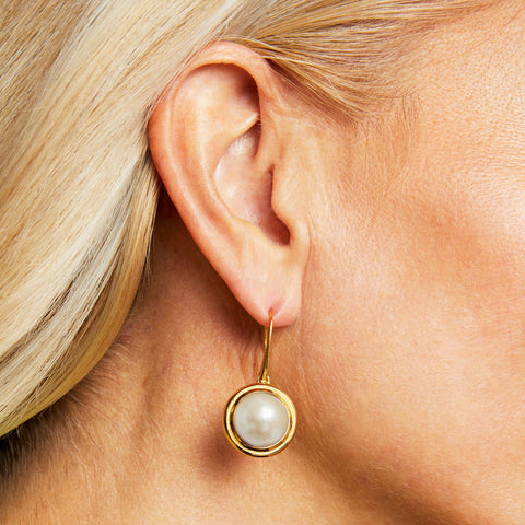 Mini Signet Gemstone Drop Earrings - Pearl