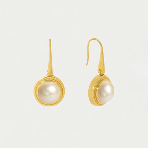 Mini Signet Gemstone Drop Earrings - Pearl
